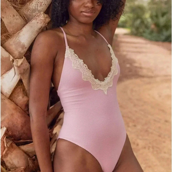 Aerie Waffle V-Neck One Piece Swimsuit Size XL Country Pink Adjustable Straps - Picture 3 of 14